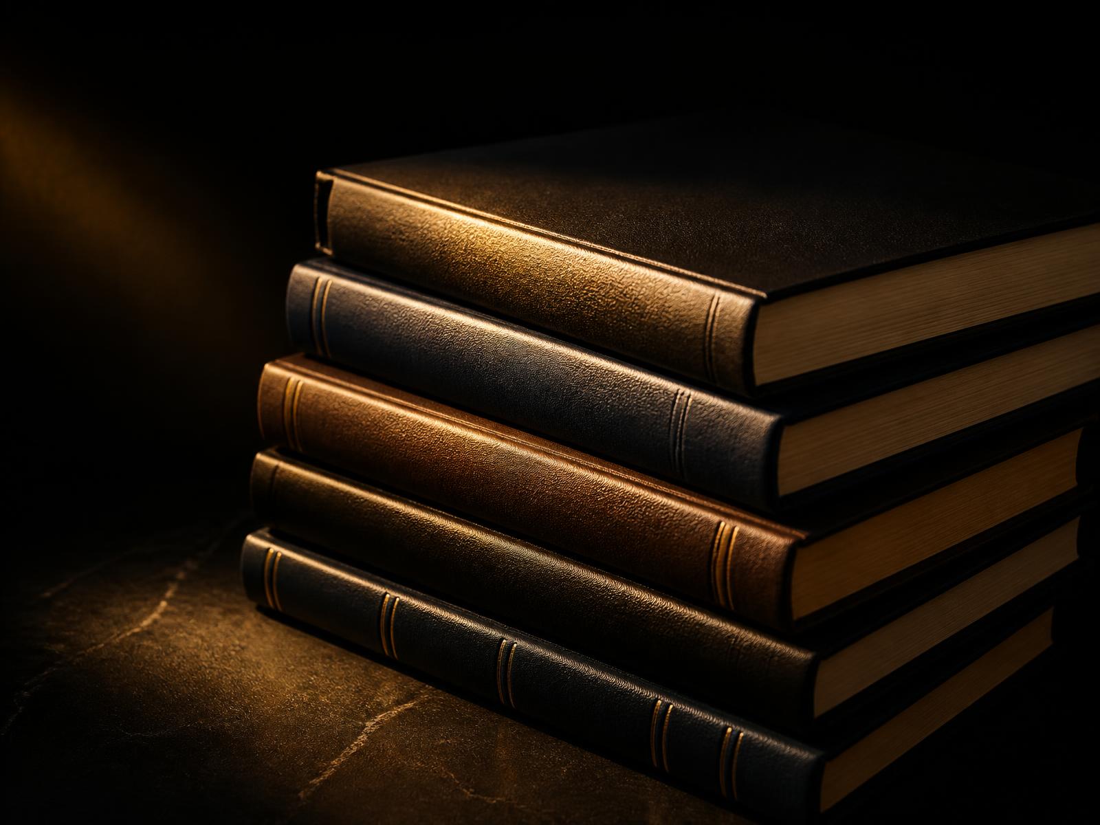 A spotlit stack of business and personal development books